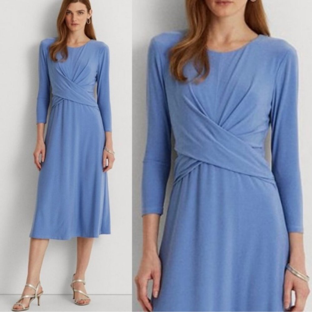 Ralph Lauren Light Blue Long Sleeve Twist-Waist Midi Dress